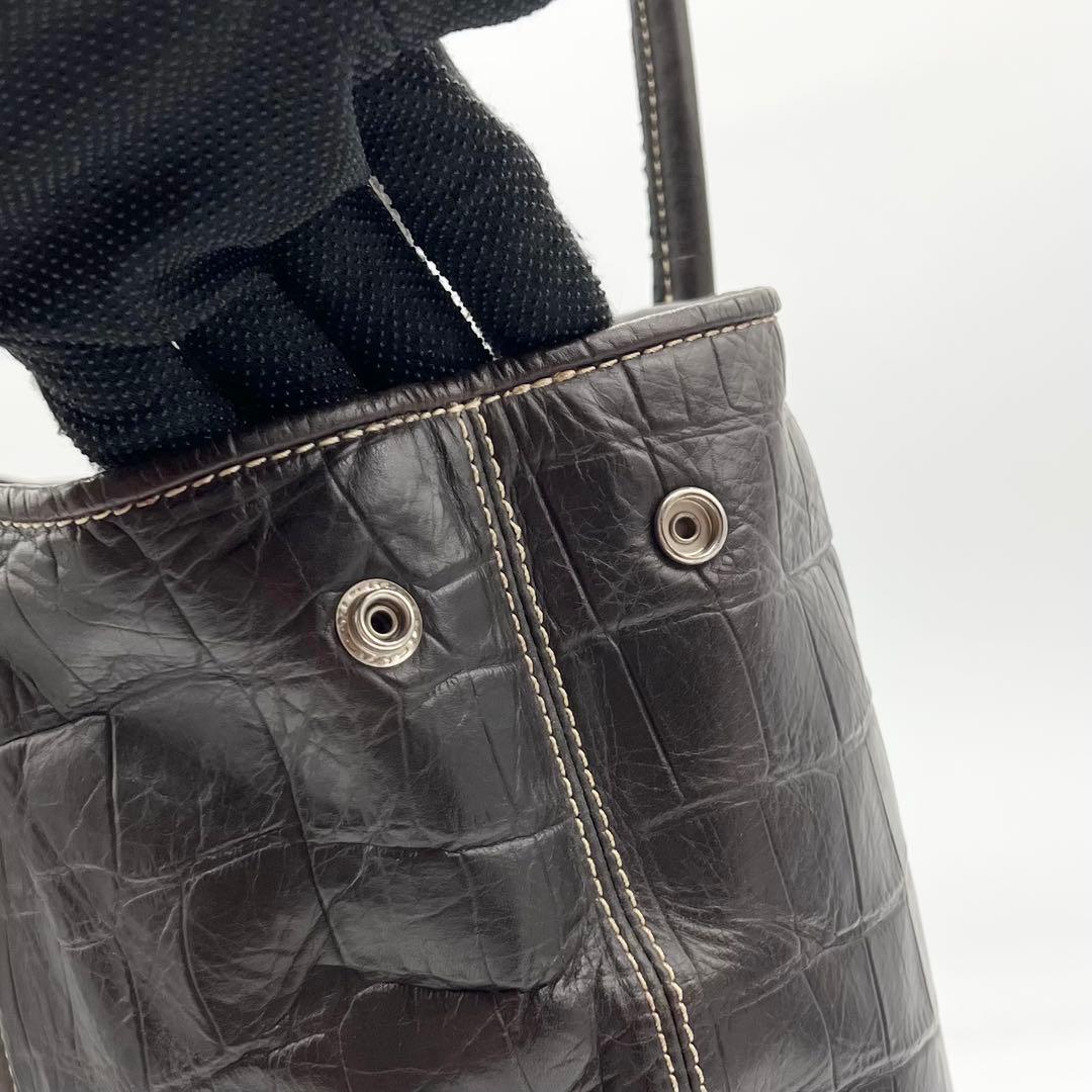 美品✨バーニーズニューヨーク　トートバッグ　クロコ型押し　レザー　濃茶　A4