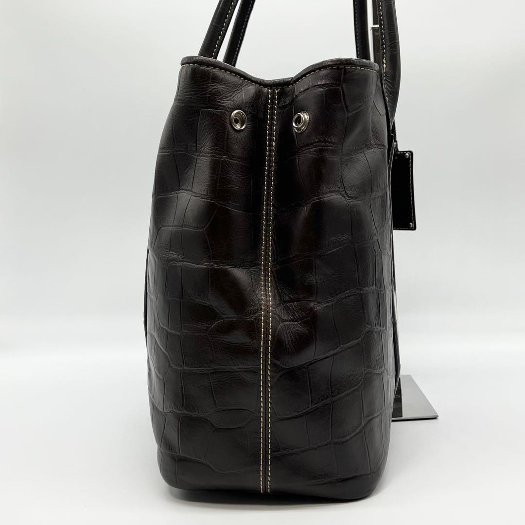 美品✨バーニーズニューヨーク　トートバッグ　クロコ型押し　レザー　濃茶　A4