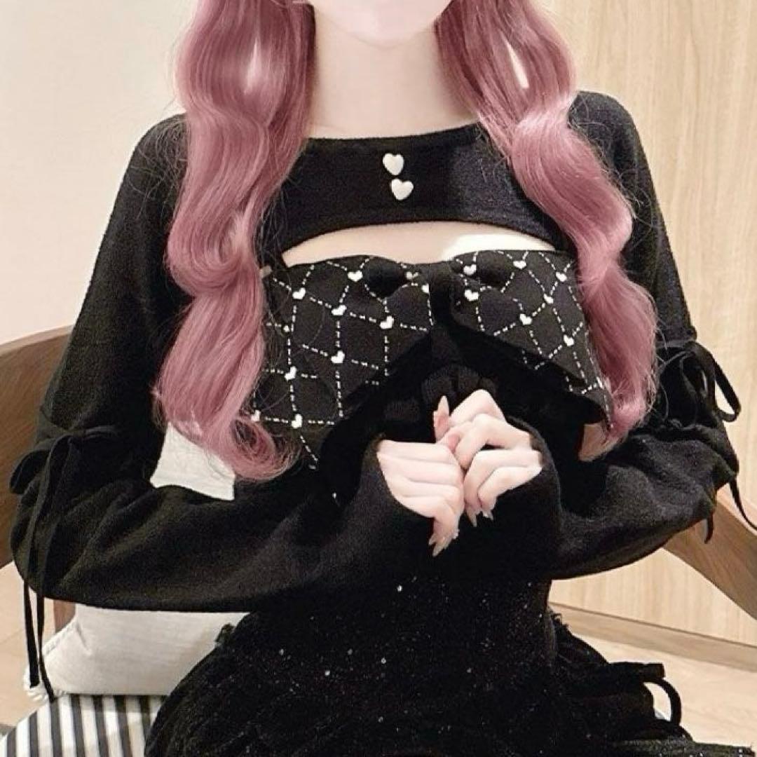 完売品 ハニーミュウ ビッグリボンガーター風アンサンブルトップス ブラック