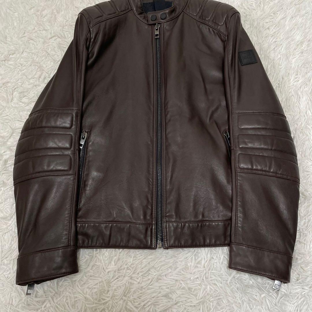 極美品 ヒューゴボス シングルライダースジャケット ブラウン 48 XL