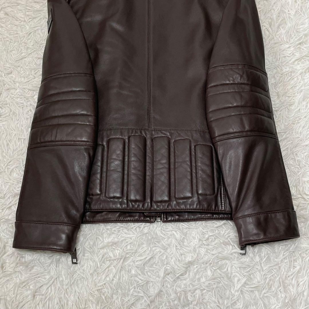 極美品 ヒューゴボス シングルライダースジャケット ブラウン 48 XL