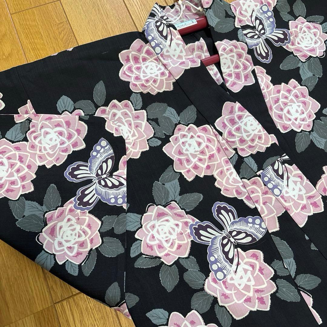 美品⭐︎浴衣　撫松庵　ぶしょうあん　黒地　花柄　蝶　ダリア　ピンク