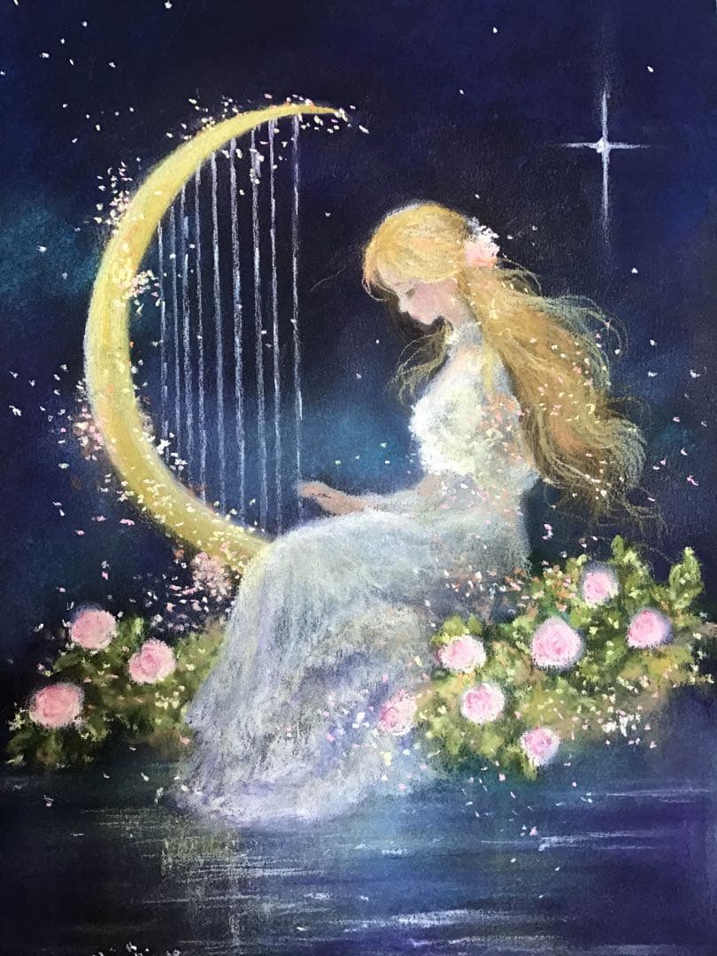 月の竪琴　ハンドメイドパステル画　絵画アート原画