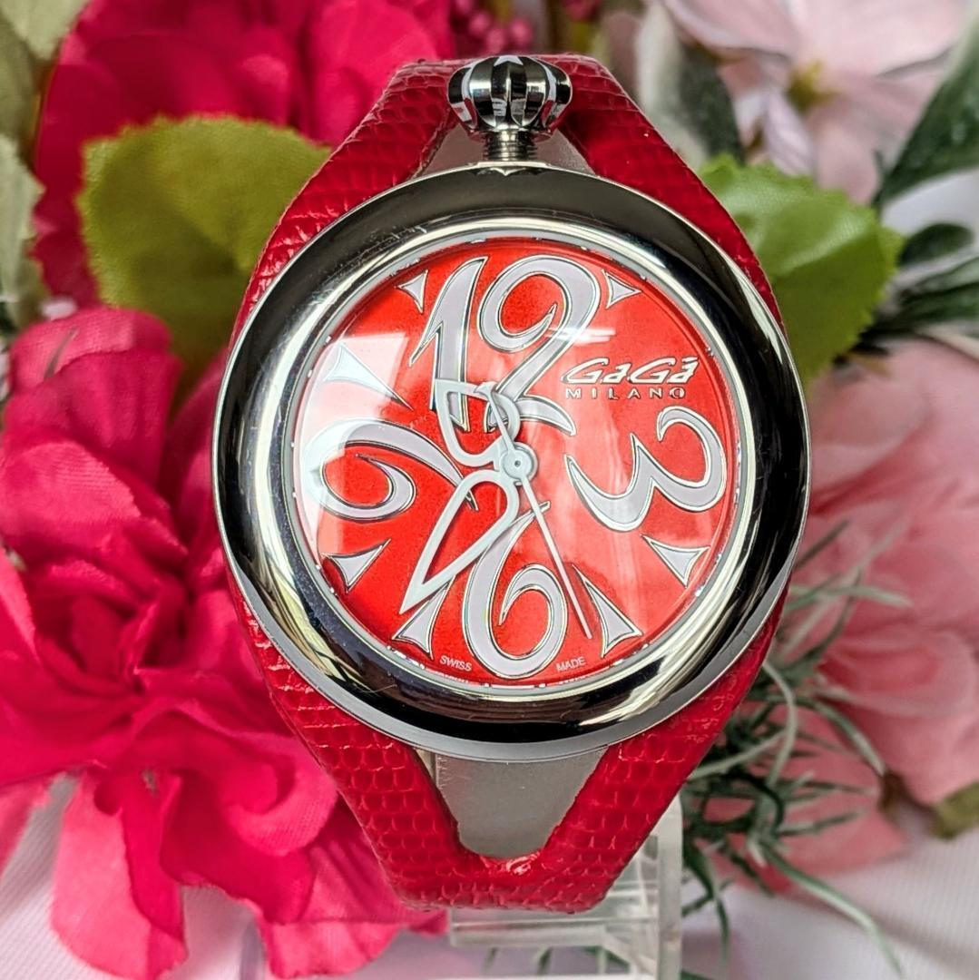 美品 ガガミラノ レディース腕時計フラット42 6070赤レッド箱付きイタリア
