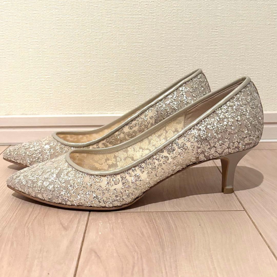 【即決優先】diana パンプス シルバーラメ　プラチナグリッターチュール