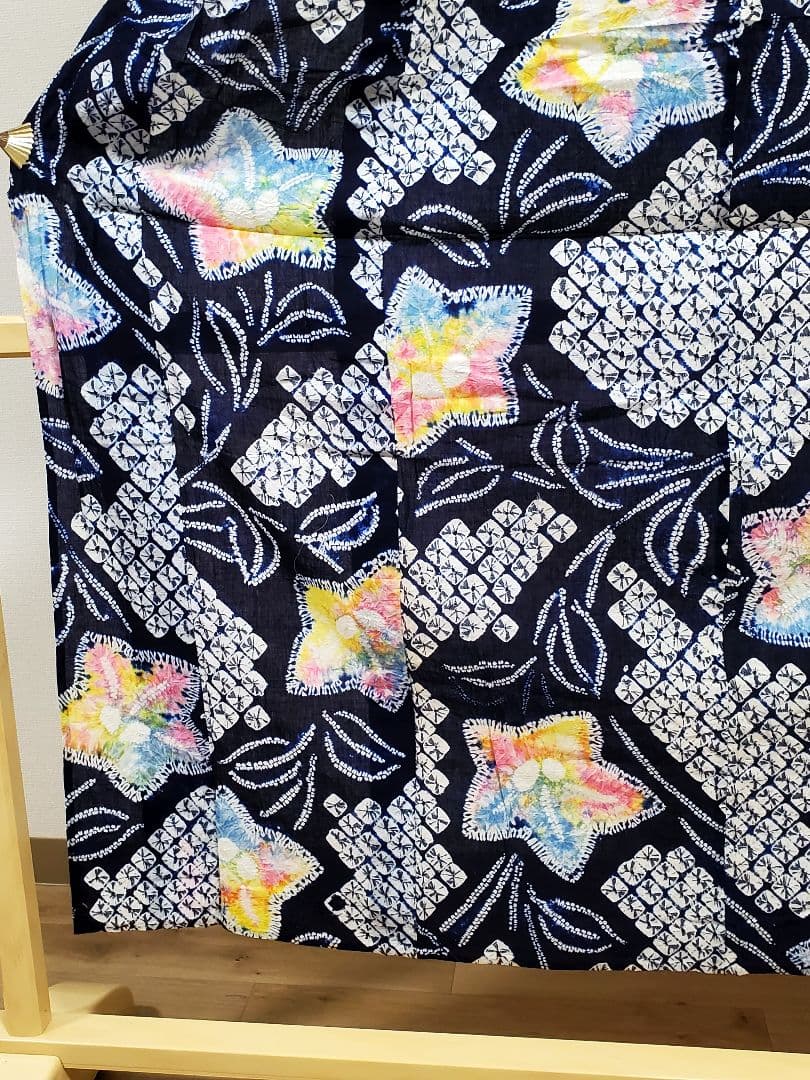 A9 有松鳴海絞り 桔梗の花模様 藍染 パステル 綿 浴衣 着物 05