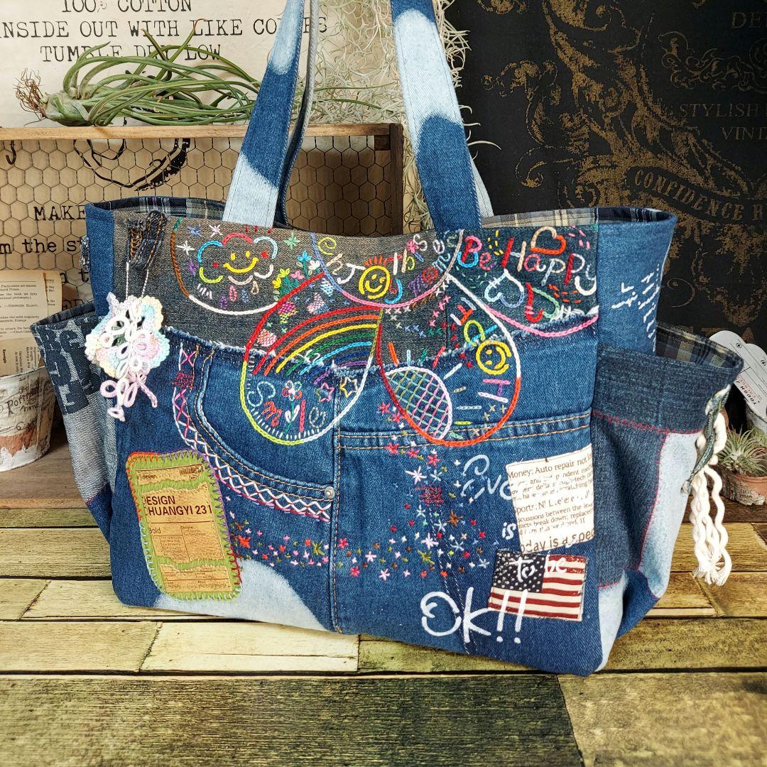 【Kal】大きな刺繍デニムバック　No.625　デニムリメイク