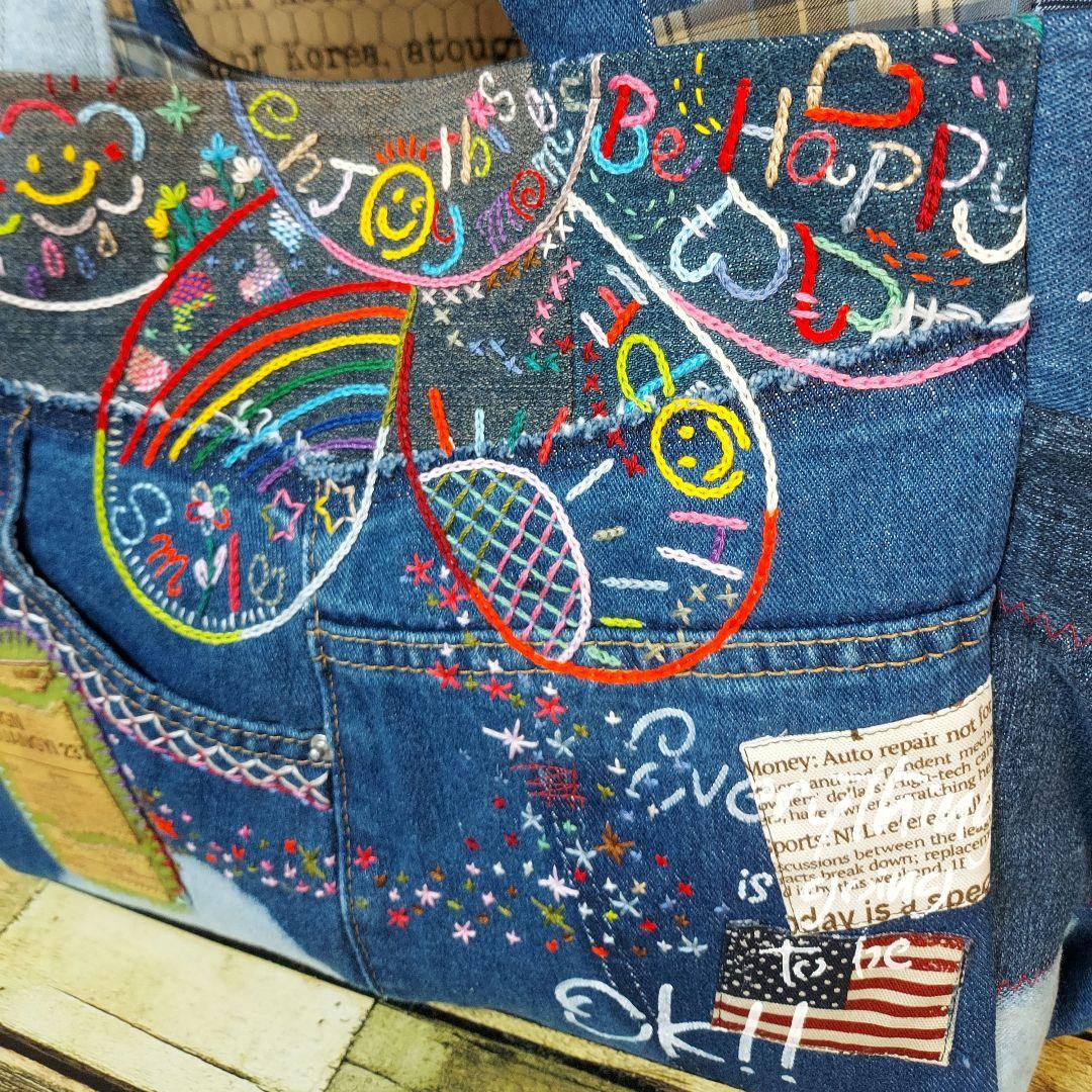 【Kal】大きな刺繍デニムバック　No.625　デニムリメイク