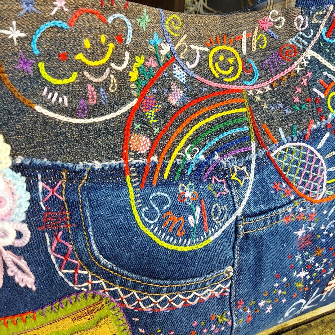 【Kal】大きな刺繍デニムバック　No.625　デニムリメイク