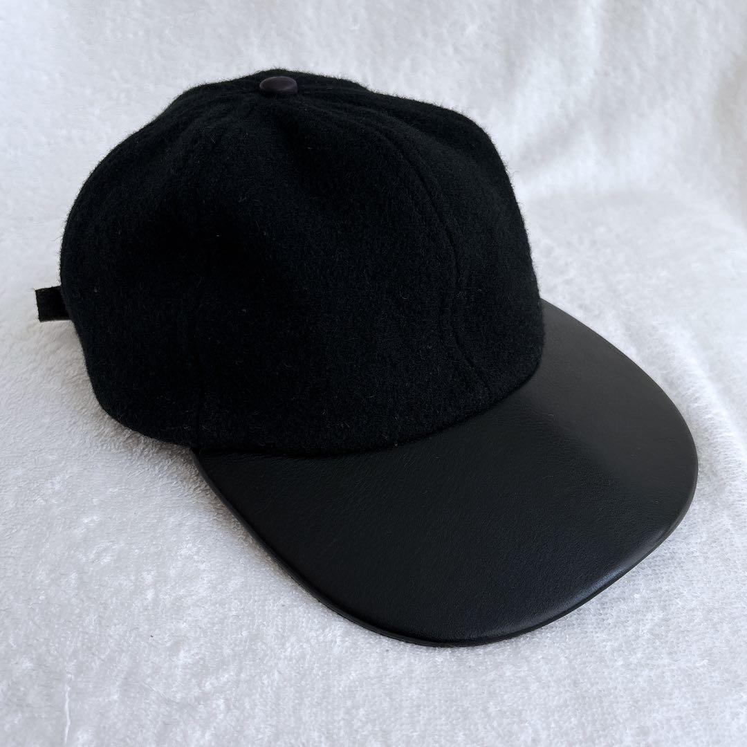 【USA製】COACH コーチ ウール×レザー キャップ ブラック 刺繍ロゴ入り