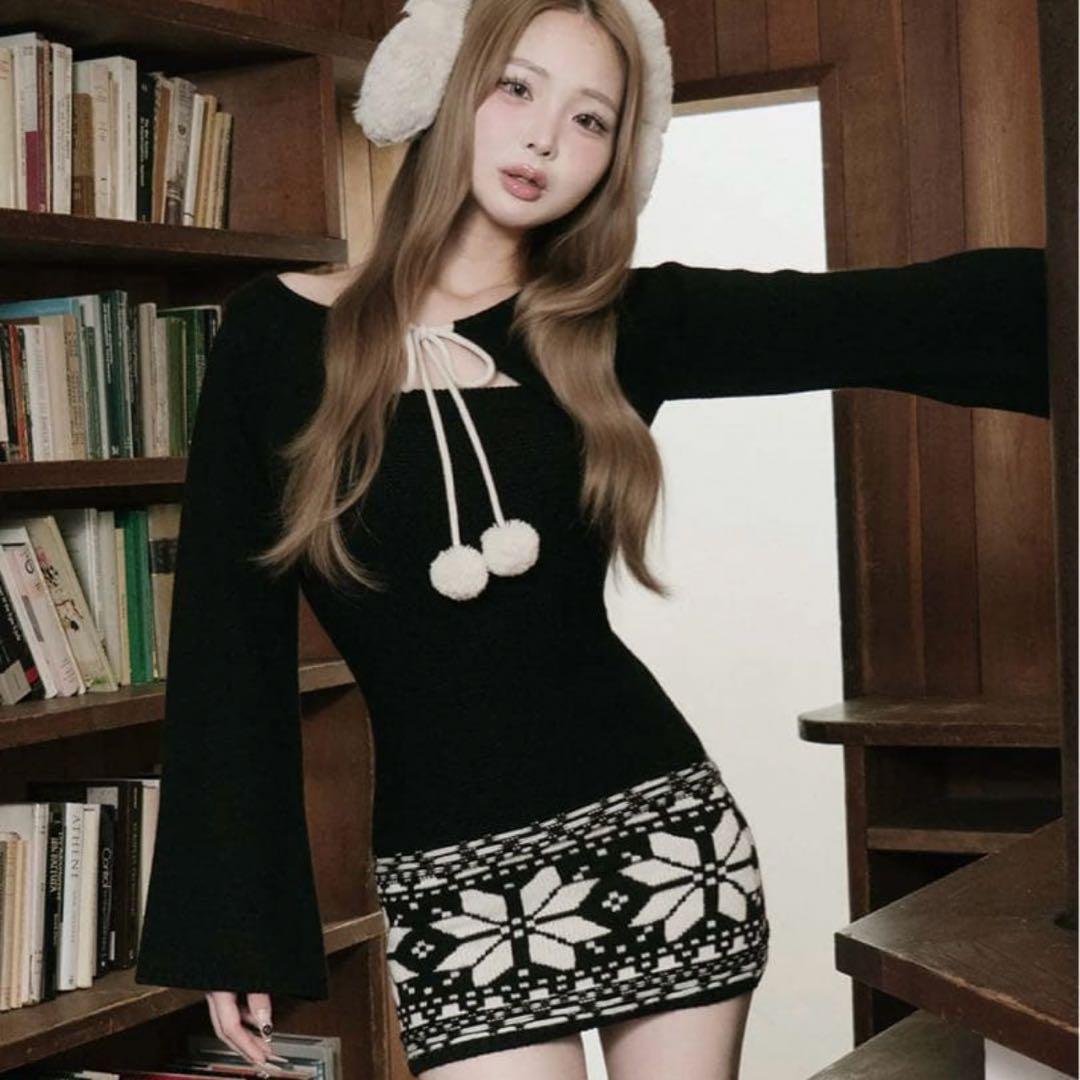 Darich ノルディックパネルニットミニワンピース　FL ブラック