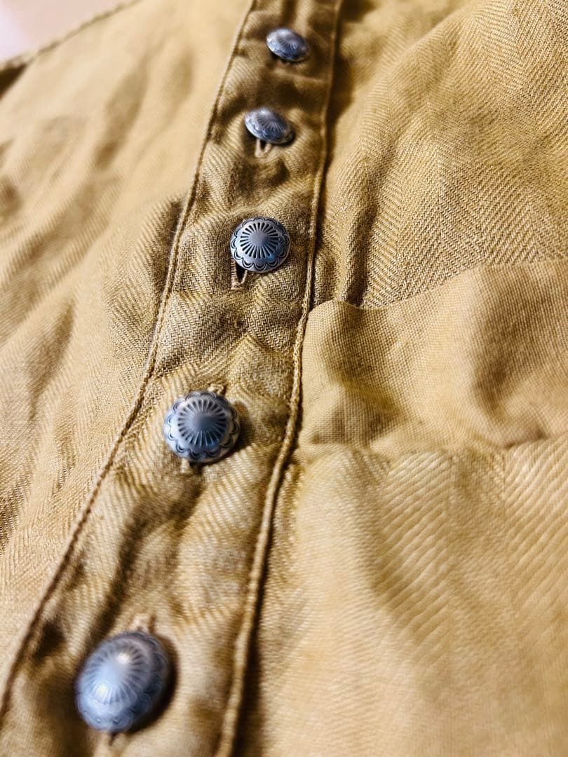 KAPITAL リネン コンチョボタン ヘリンボーン ノーカラー シャツ長袖