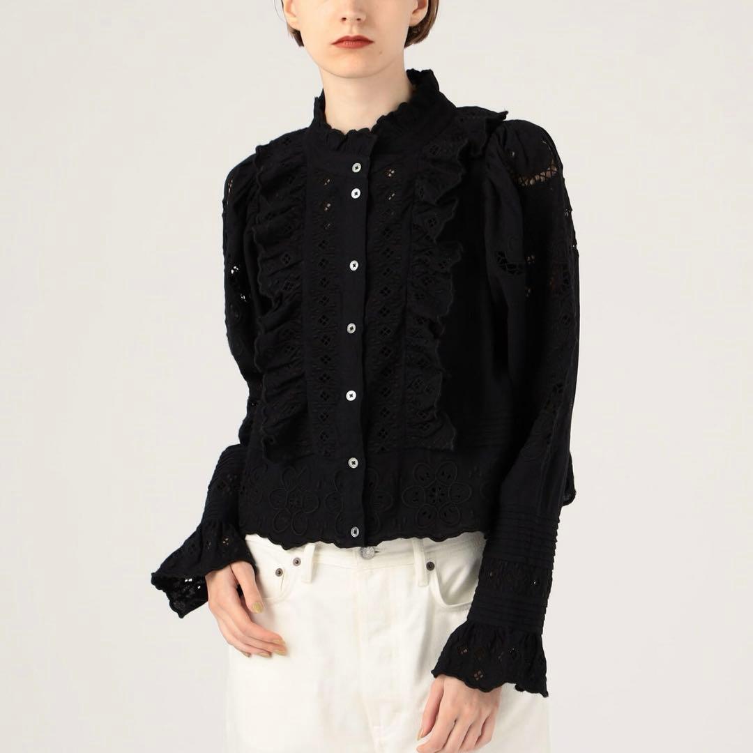 Sea NEW YORK カットワークレースブラウス　フリル刺繍　ブラックS