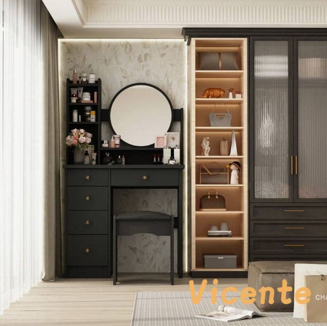 北欧風ドレッサー 円形女優ミラー 引き出し 5 杯 スツール付き 寝室化粧台