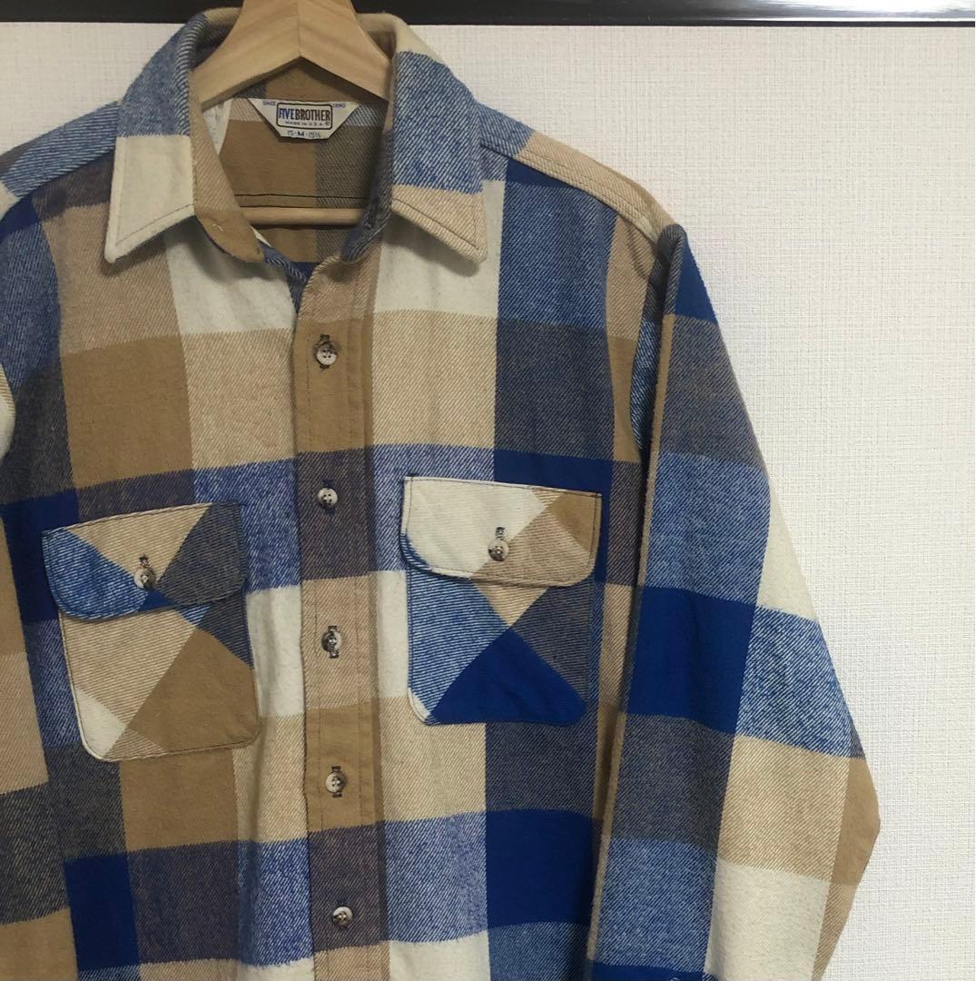 希少好配色 80s USA製 ファイブブラザー ブロック チェック ネルシャツM
