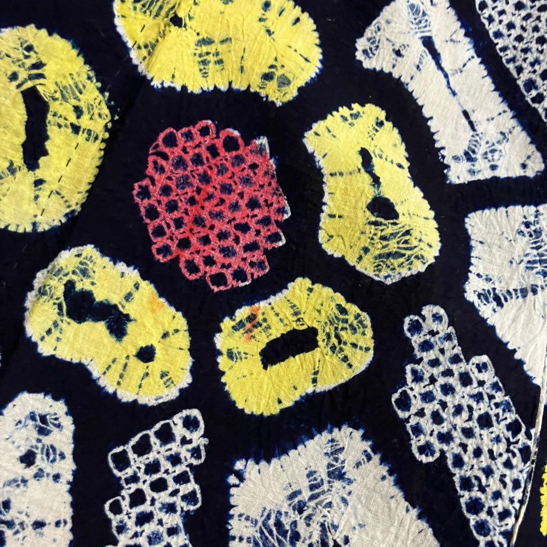 有松鳴海絞り 浴衣 ホワイト ネイビー 花柄 黄色 ピンク 綿 裄69cm 手縫