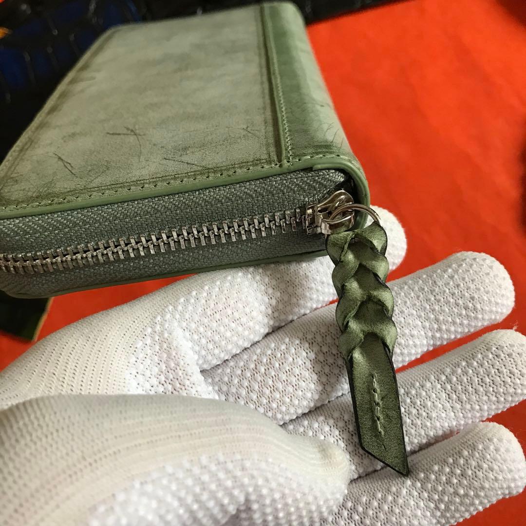 新作品 グリーン系　緑　ハンドメイド ブライドレザー ヌメ革本革 メンズ　長財布
