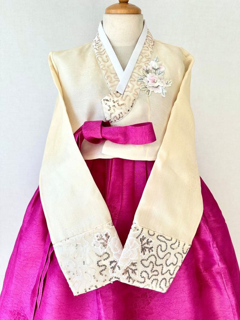 チマチョゴリ 美品 クリーム×赤紫 バスト100まで可能