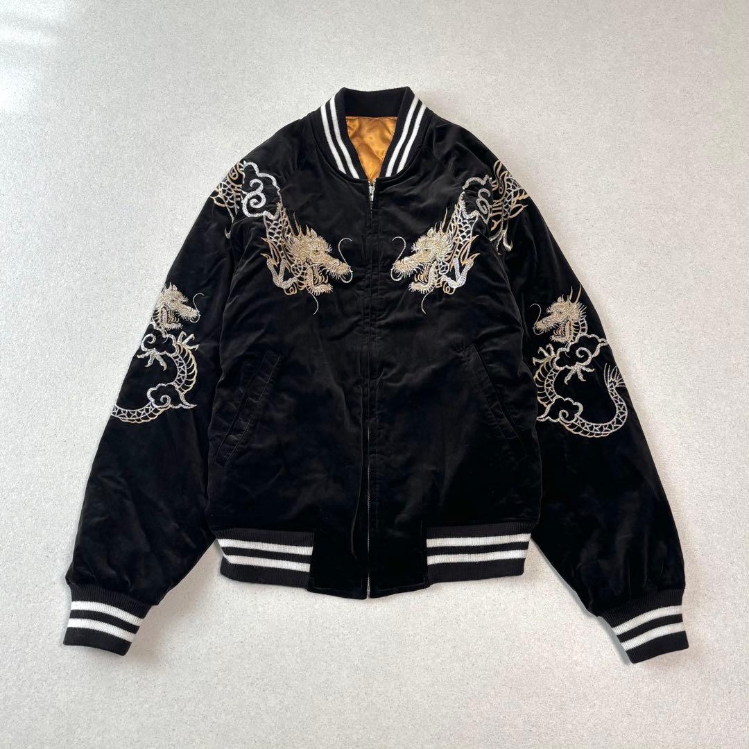 hoshihime 星姫 ツナギ双竜 別珍 スカジャン 両面 刺繍 XL 黒