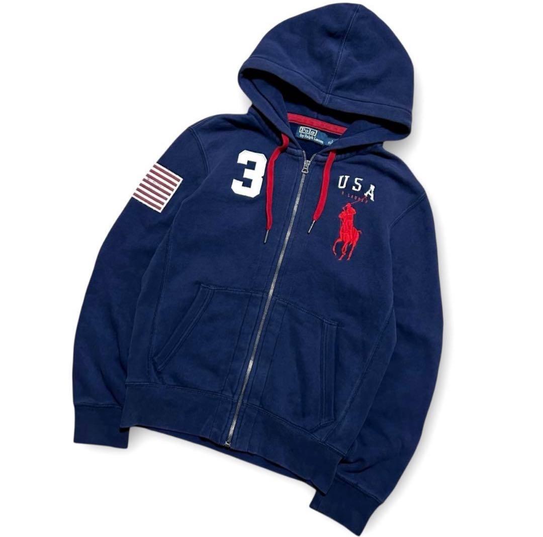 専用！90s ラルフローレン 国旗 刺繍 ビッグポニー 短丈 ジップ パーカー