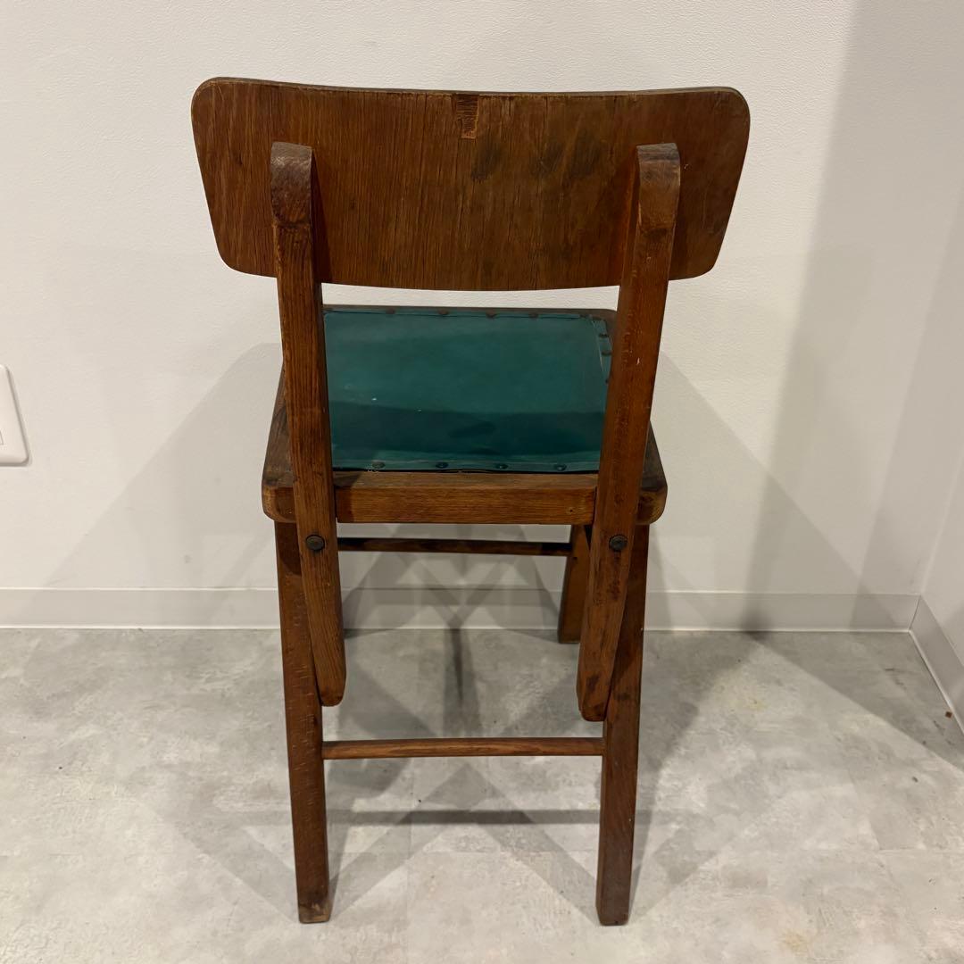 作業用チェア　ワークチェア　図工室　レトロチェア　緑　レザー　木製