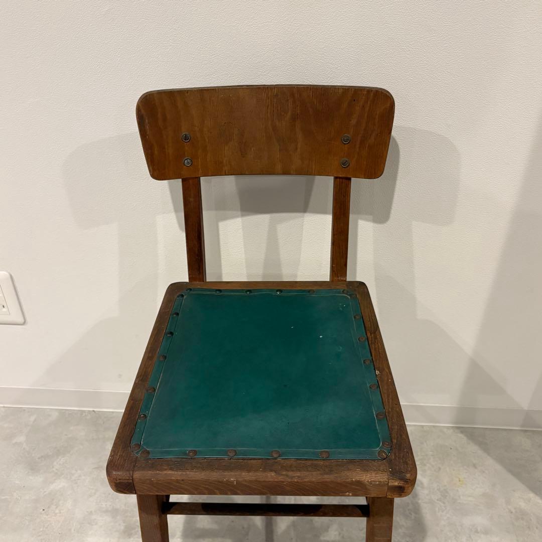作業用チェア　ワークチェア　図工室　レトロチェア　緑　レザー　木製