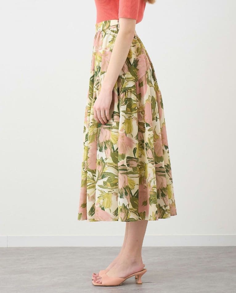 ANAYI ペイントフラワープリントティアード スカート 36
