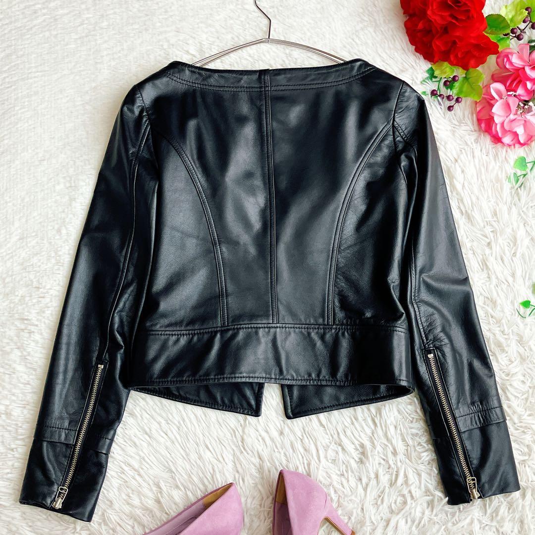 銀座マギー★カウレザー ライダースジャケット ノーカラー フリル 本革 ブラック