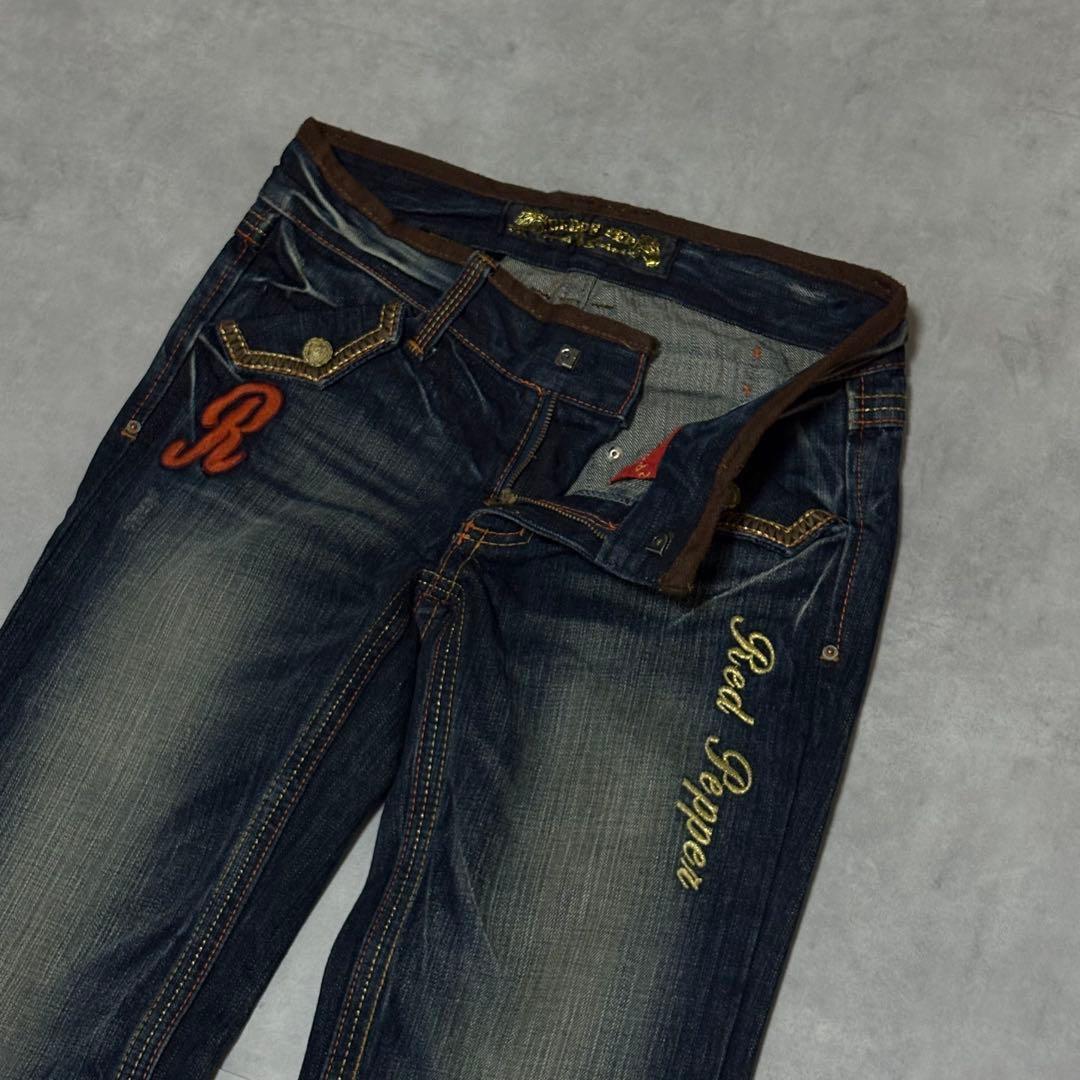 Y2K 00s ギャル レッドペッパー フレアデニム スタッズ刺繍 ヒョウ柄