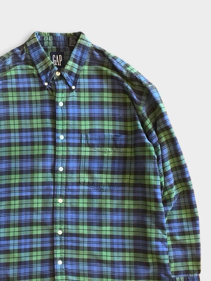 90s OLD GAP ボタンダウン チェックシャツ 長袖 緑 青 古着