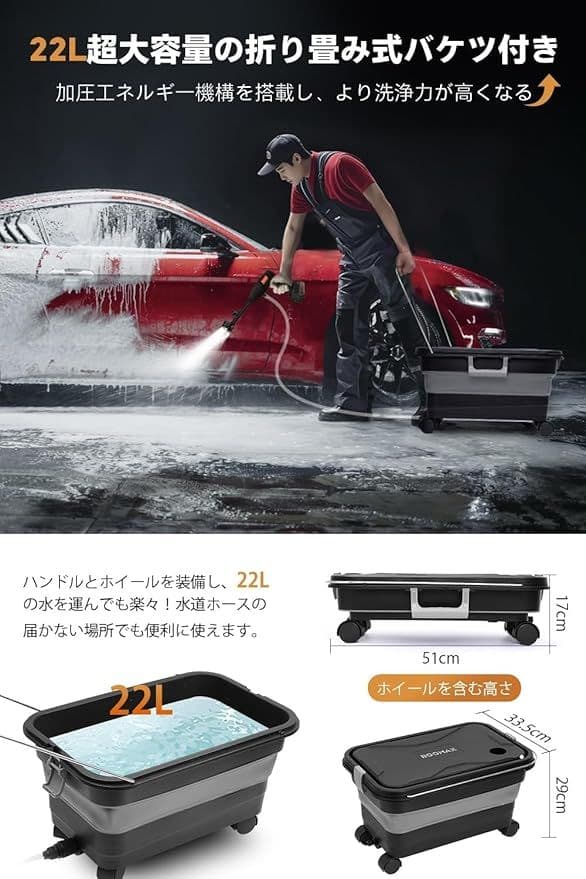 高圧洗浄機 折り畳み コードレス 充電式 30000mAh 3段階水压調節