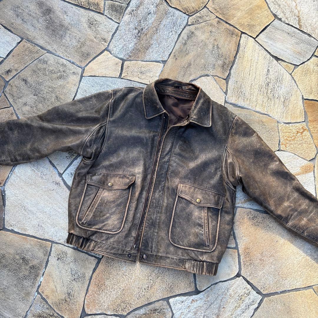 雰囲気抜群 90s 短丈 レザージャケット vintage ブラウン 古着 A2
