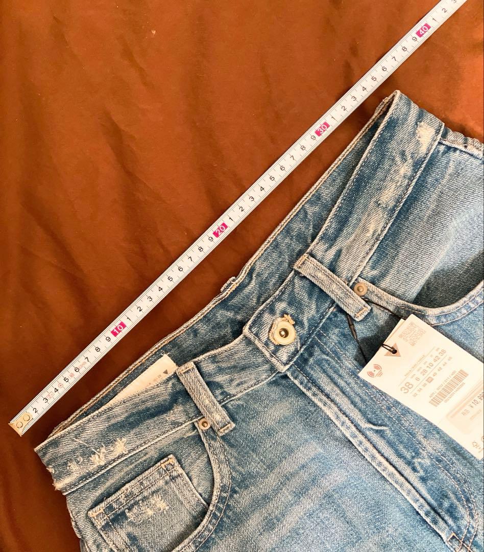 【新品】ZARA TRFハイウエストワイドレッグデニムパンツレザーポケット 38
