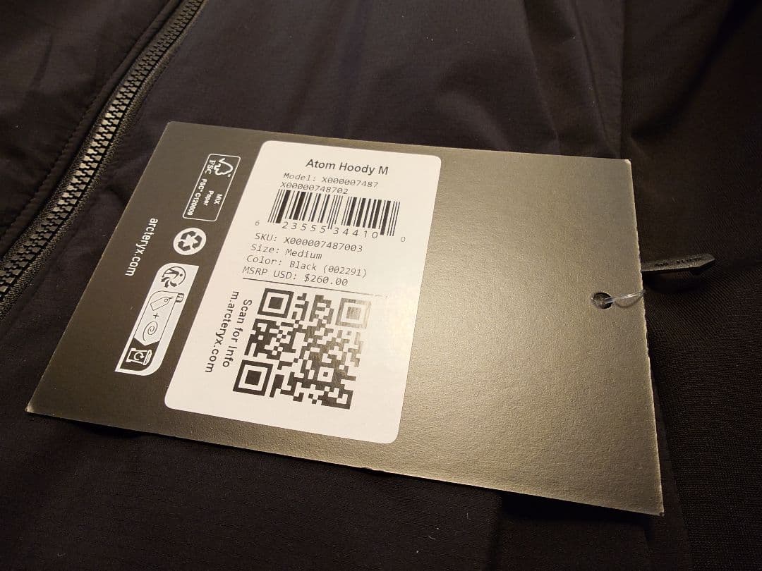 【タグ付き・美品】 アークテリクス アトムフーディ ブラックM