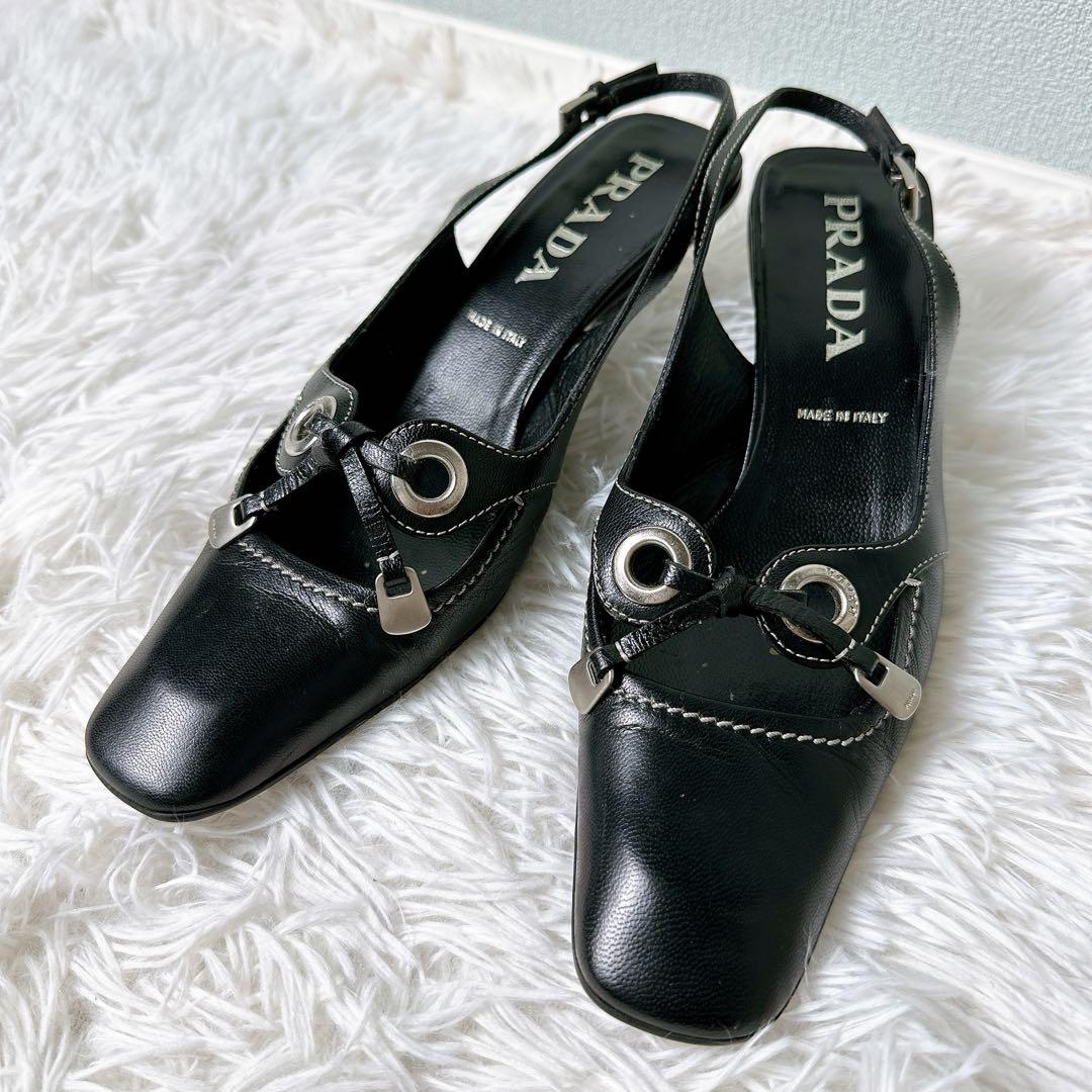 美品✨PRADA ミュール バックストラップ サンダル ヒール ロゴ 23.5