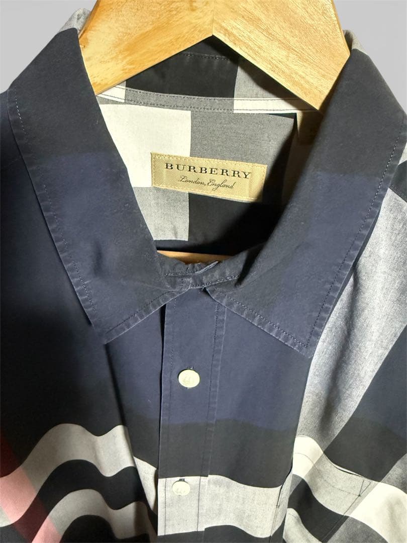 値引中 BURBERRY チェックコットンシャツ ネイビーXL