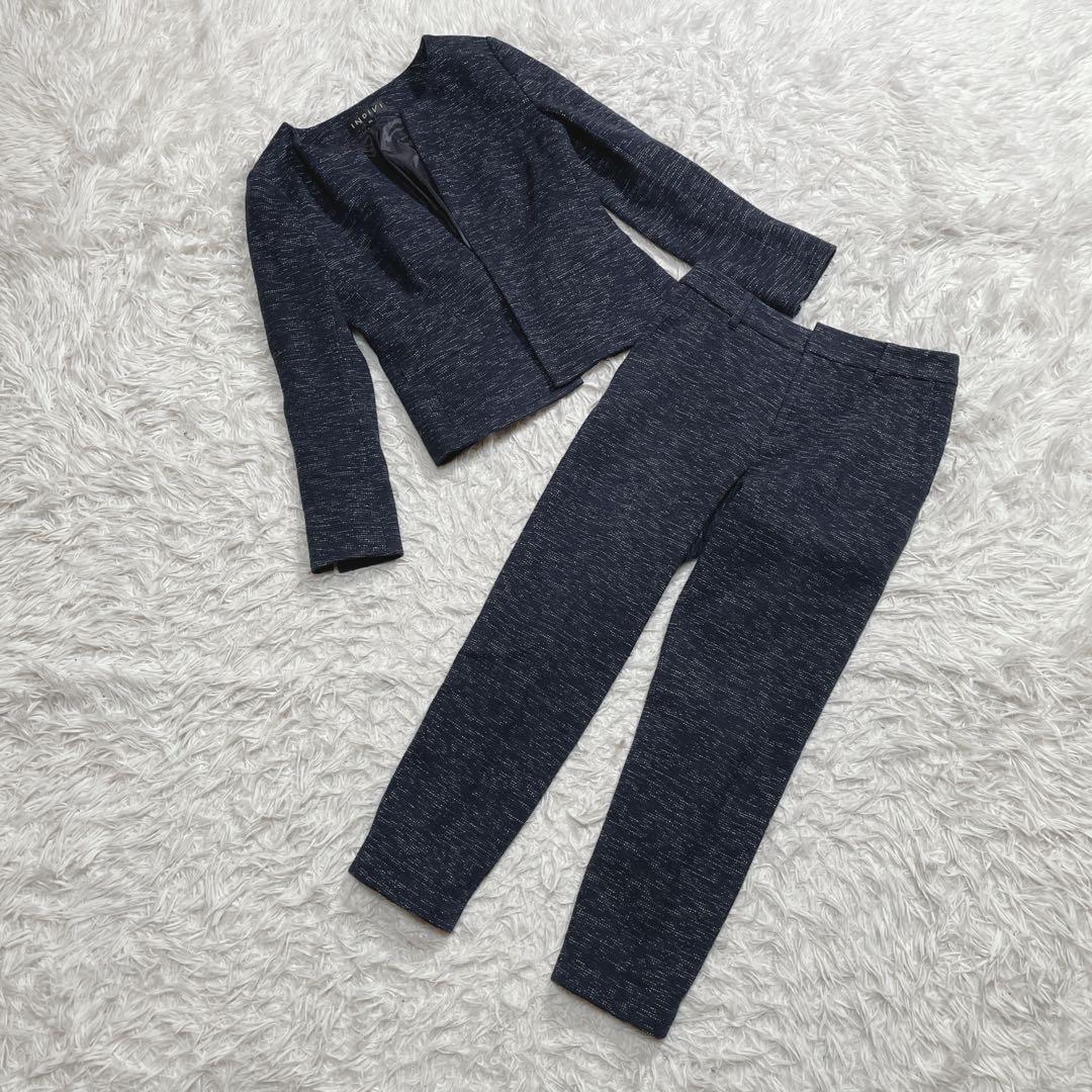 インディヴィ　ノーカラージャケット　セットアップ　ネイビー　ツイード　XS