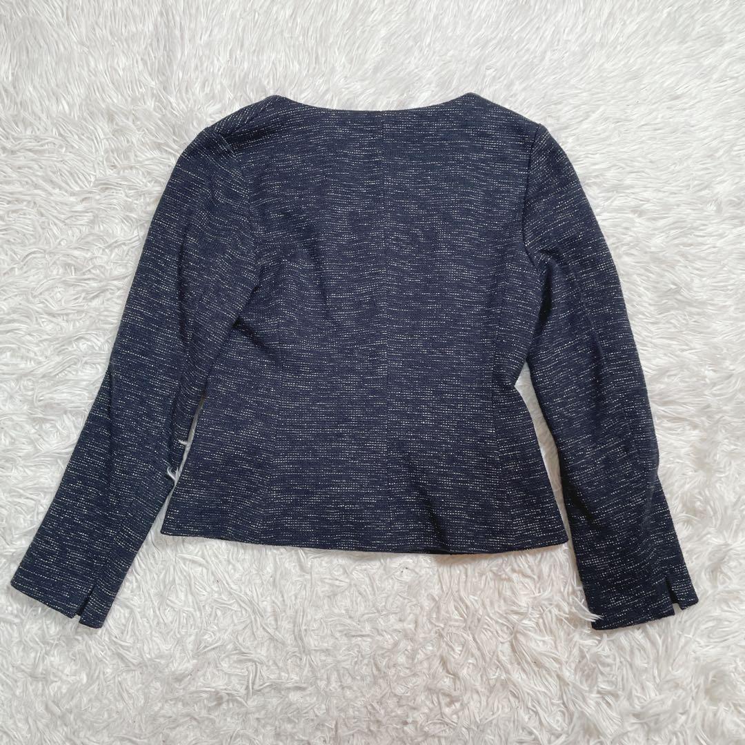 インディヴィ　ノーカラージャケット　セットアップ　ネイビー　ツイード　XS