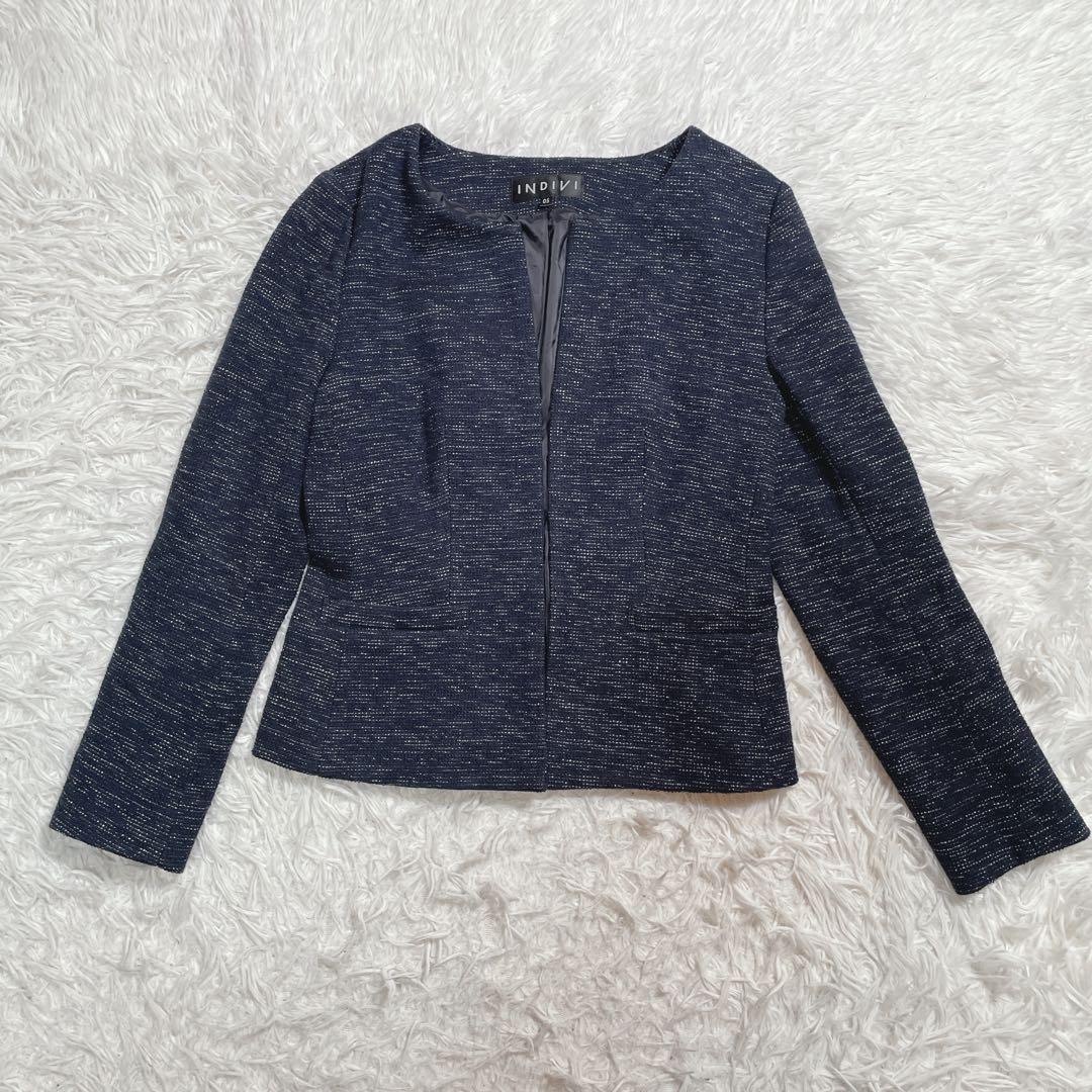 インディヴィ　ノーカラージャケット　セットアップ　ネイビー　ツイード　XS
