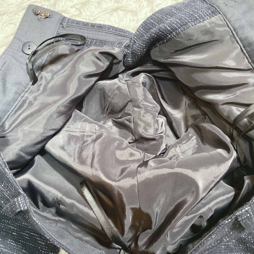 インディヴィ　ノーカラージャケット　セットアップ　ネイビー　ツイード　XS