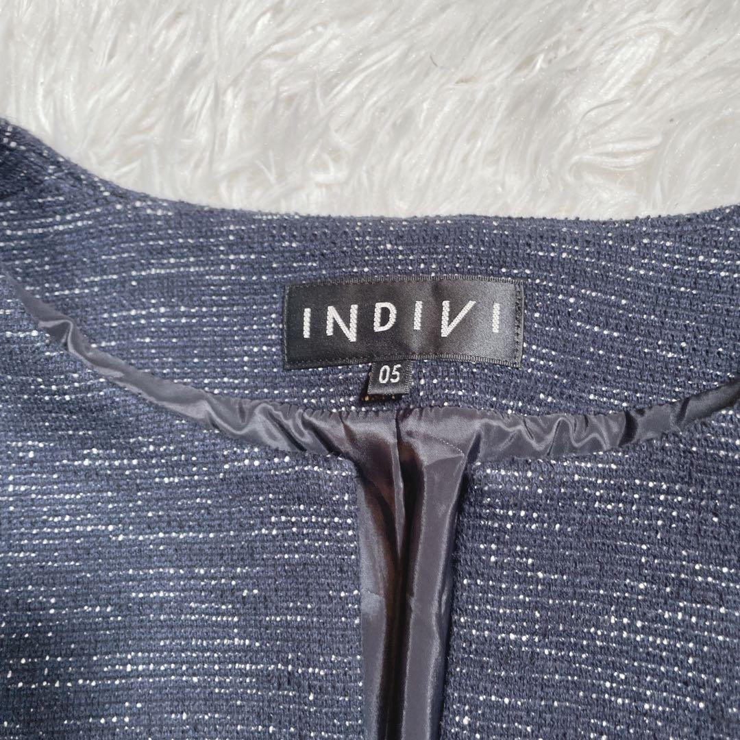 インディヴィ　ノーカラージャケット　セットアップ　ネイビー　ツイード　XS