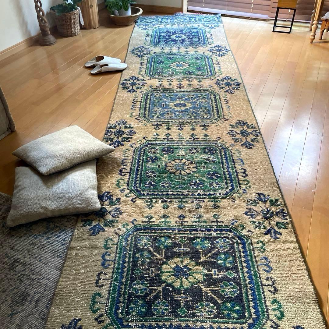 83×342 超ロング大判　ボタニカル　くすみイエロー　トルコヴィンテージラグ