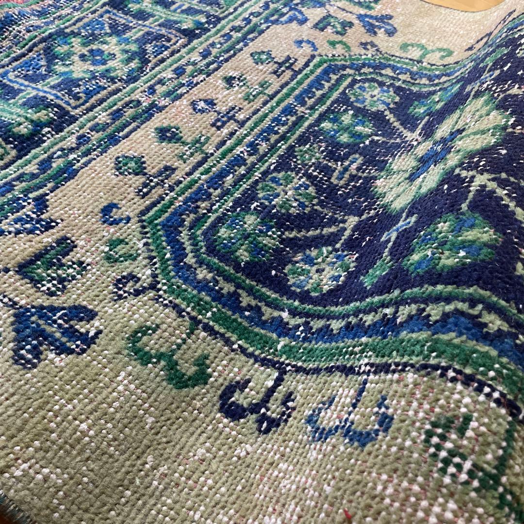 83×342 超ロング大判　ボタニカル　くすみイエロー　トルコヴィンテージラグ