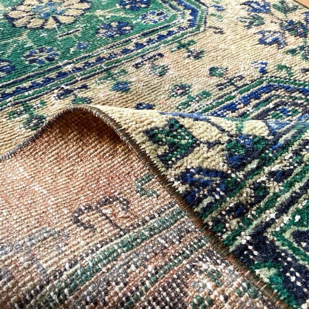 83×342 超ロング大判　ボタニカル　くすみイエロー　トルコヴィンテージラグ