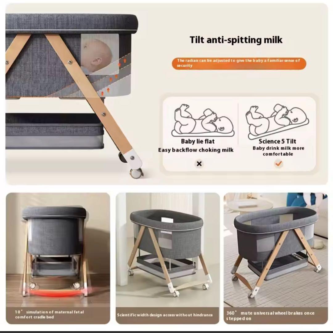 【ほぼ未使用】移動式ベビーベッド　折りたたみ　付属品：オムツ収納、蚊帳（未使用）