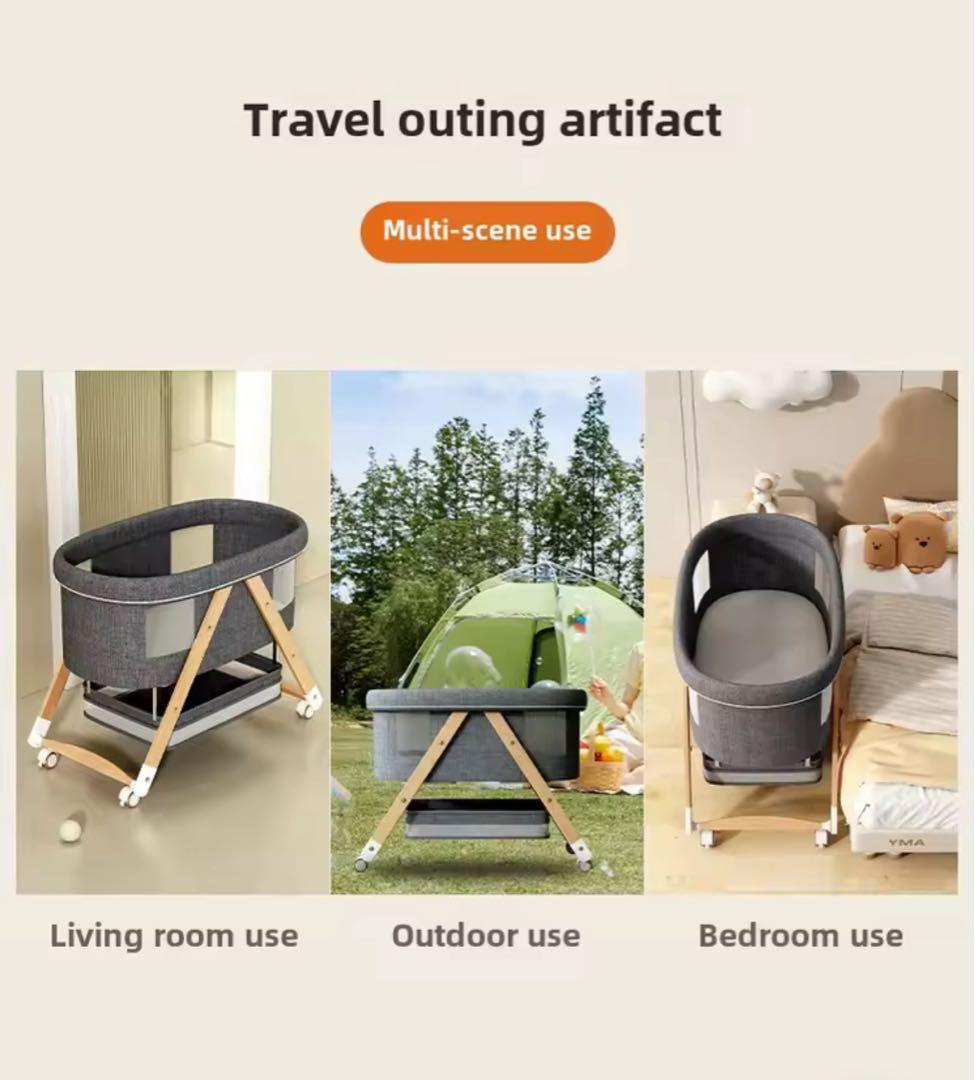 【ほぼ未使用】移動式ベビーベッド　折りたたみ　付属品：オムツ収納、蚊帳（未使用）
