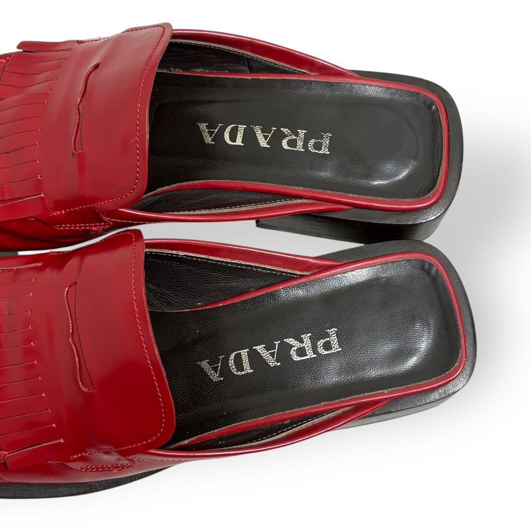 靴 99SS PRADA square toe leather mules red
