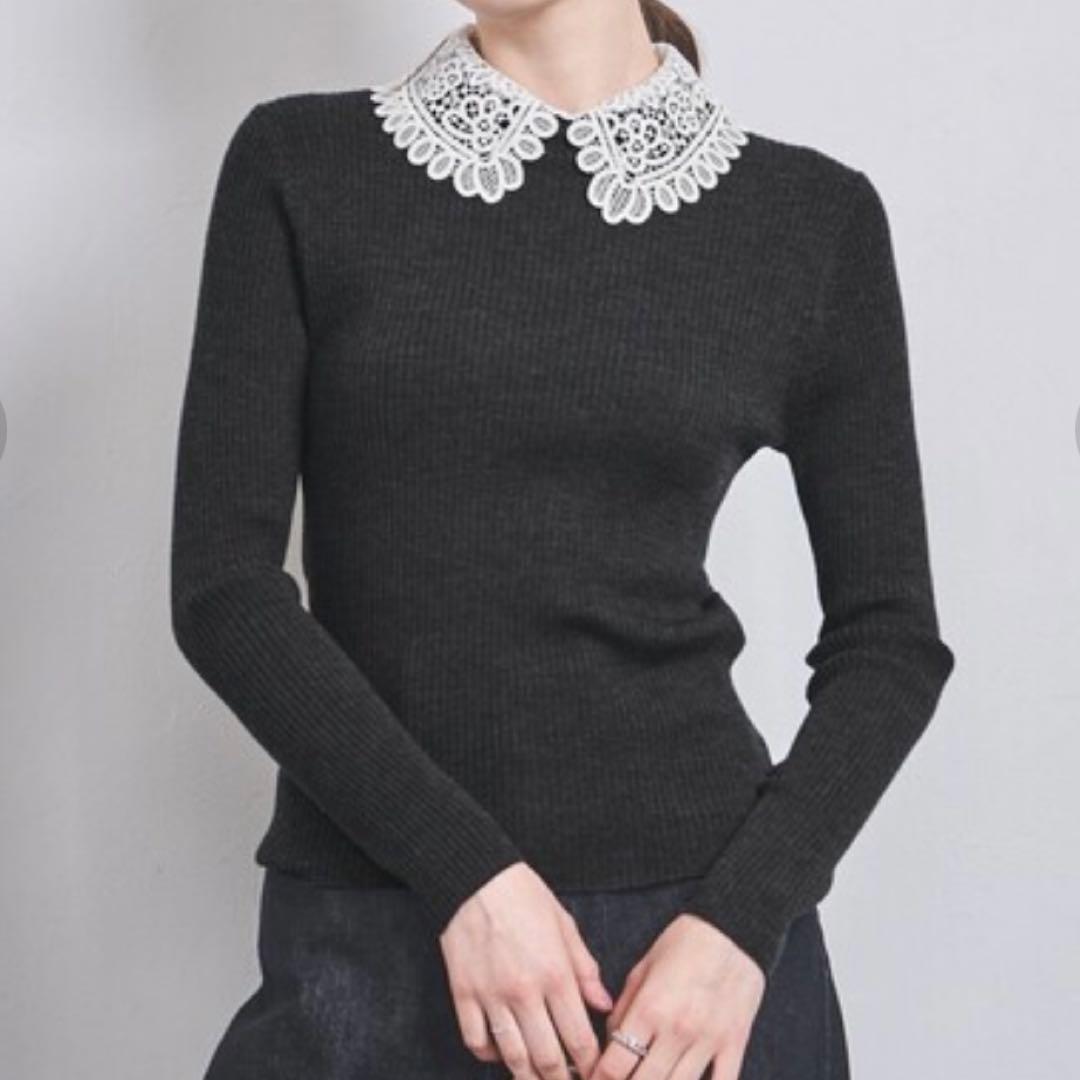 ユナイテッドアローズ レディ2WAYニット レース襟取外し可能 グレー