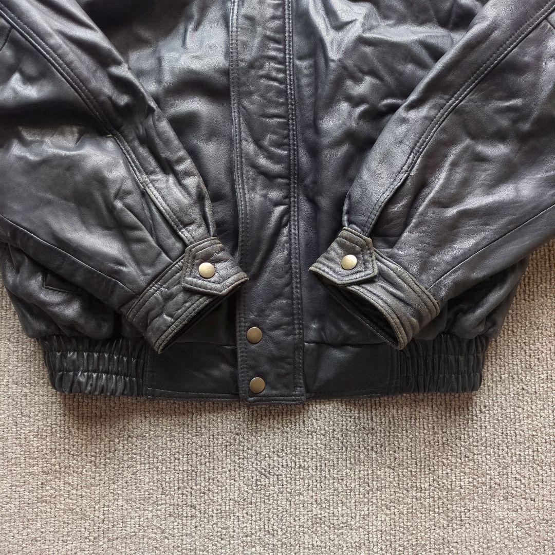 90s​本革羊革ラムレザーA2型襟付きフライトジャケットブルゾン黒Mゆるだぼ短丈