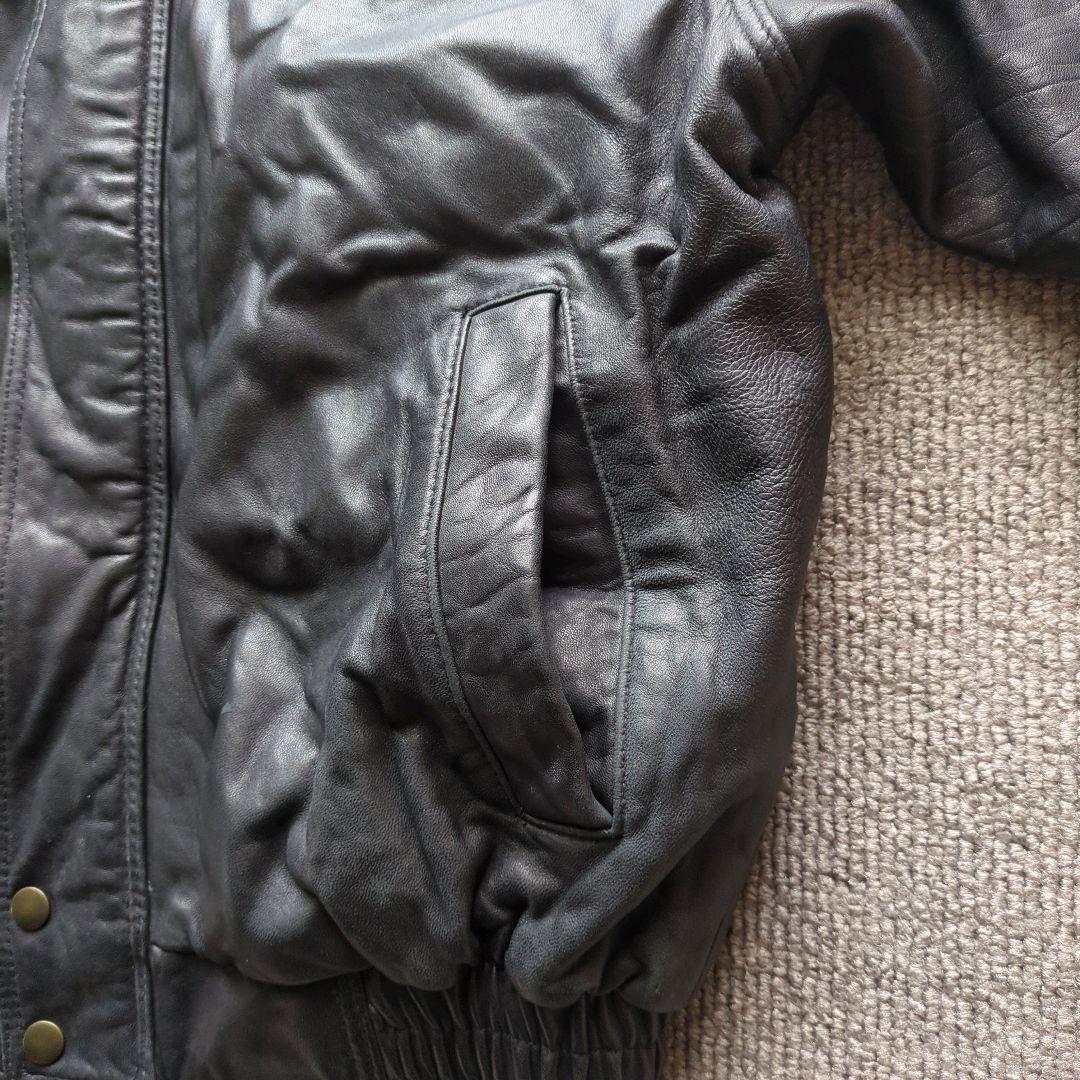 90s​本革羊革ラムレザーA2型襟付きフライトジャケットブルゾン黒Mゆるだぼ短丈